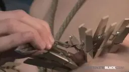 Sasha Grey tied from behind to the post, man with cane