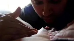 Close-up: stubble, tongue on clit, hands spreading pussy lips