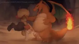 Braixen von hinten von Charizard gepackt und genommen