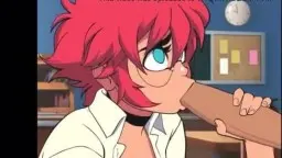 Red-haired anime college girl with glasses sucks cock in the classroom