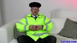 College girl cosplay kneels over mature man in uniform on sofa