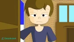 Young man in blue clothing stumbles surprised through the doorway