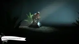 Woman lies naked on the ground, creature over her in the forest